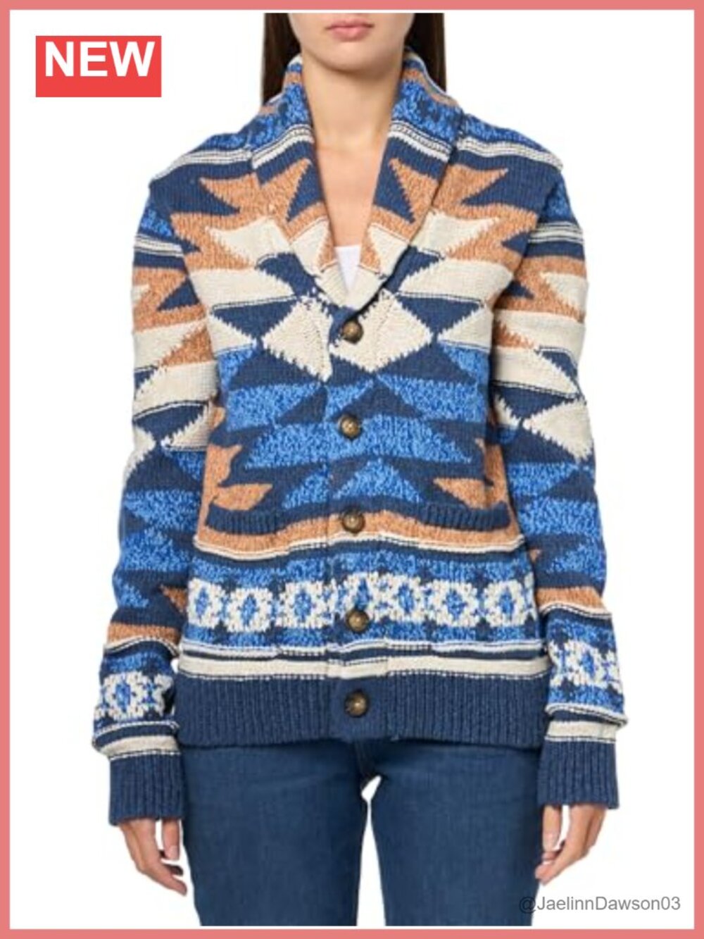 Lucky Brand Southwestern Cardigan Button Front Patch Pockets Ribbed Cuffs Hem